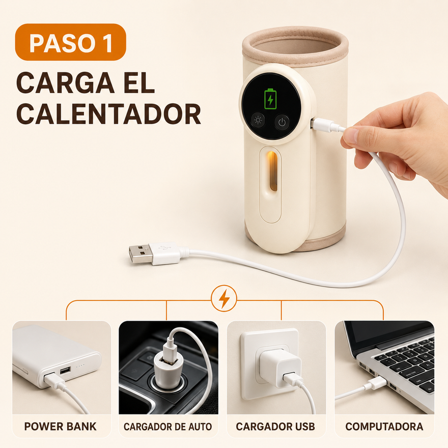 Paso 1: cargá el calentador con el cable USB, en un power bank, el cargador del auto, un cargador de pared o la computadora