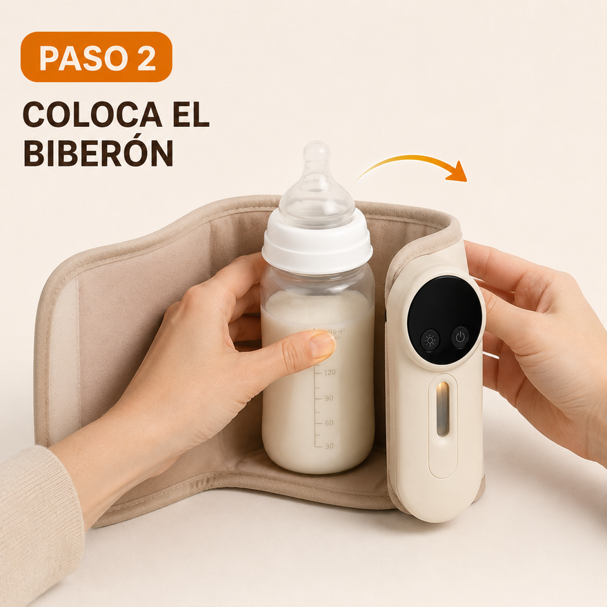 Paso 2: colocá el biberón con leche dentro del estuche del calentador