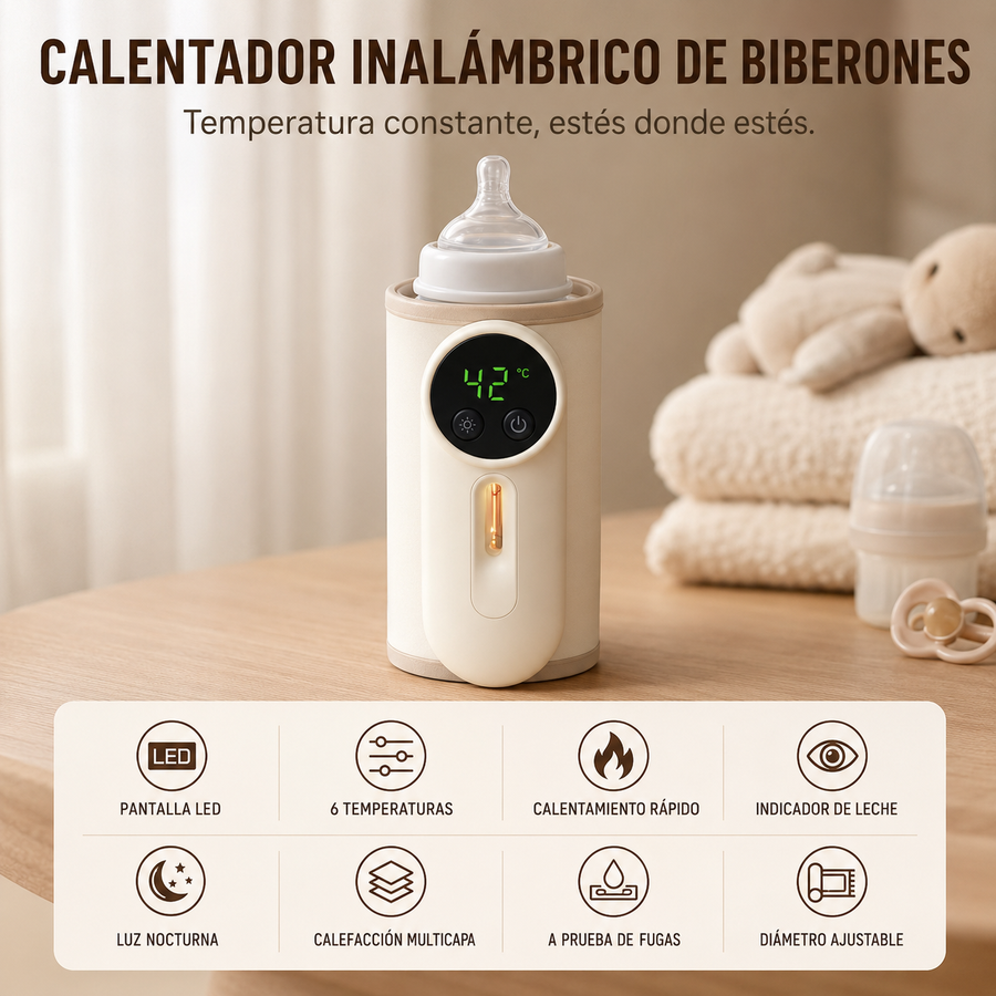 Características: pantalla LED, seis temperaturas, indicador de leche, luz nocturna, a prueba de fugas y diámetro ajustable