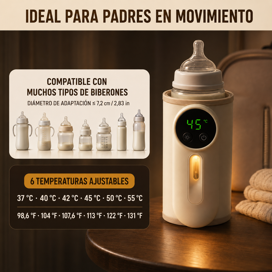 Compatible con biberones de hasta 7,2 cm y seis temperaturas de 37 a 55 grados