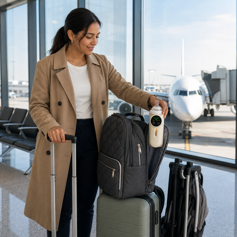 Mamá metiendo el calentador con el biberón en la mochila, esperando el vuelo en el aeropuerto